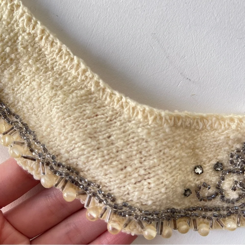 Vintage Cream Beaded Crochet Tie Necklace Collar